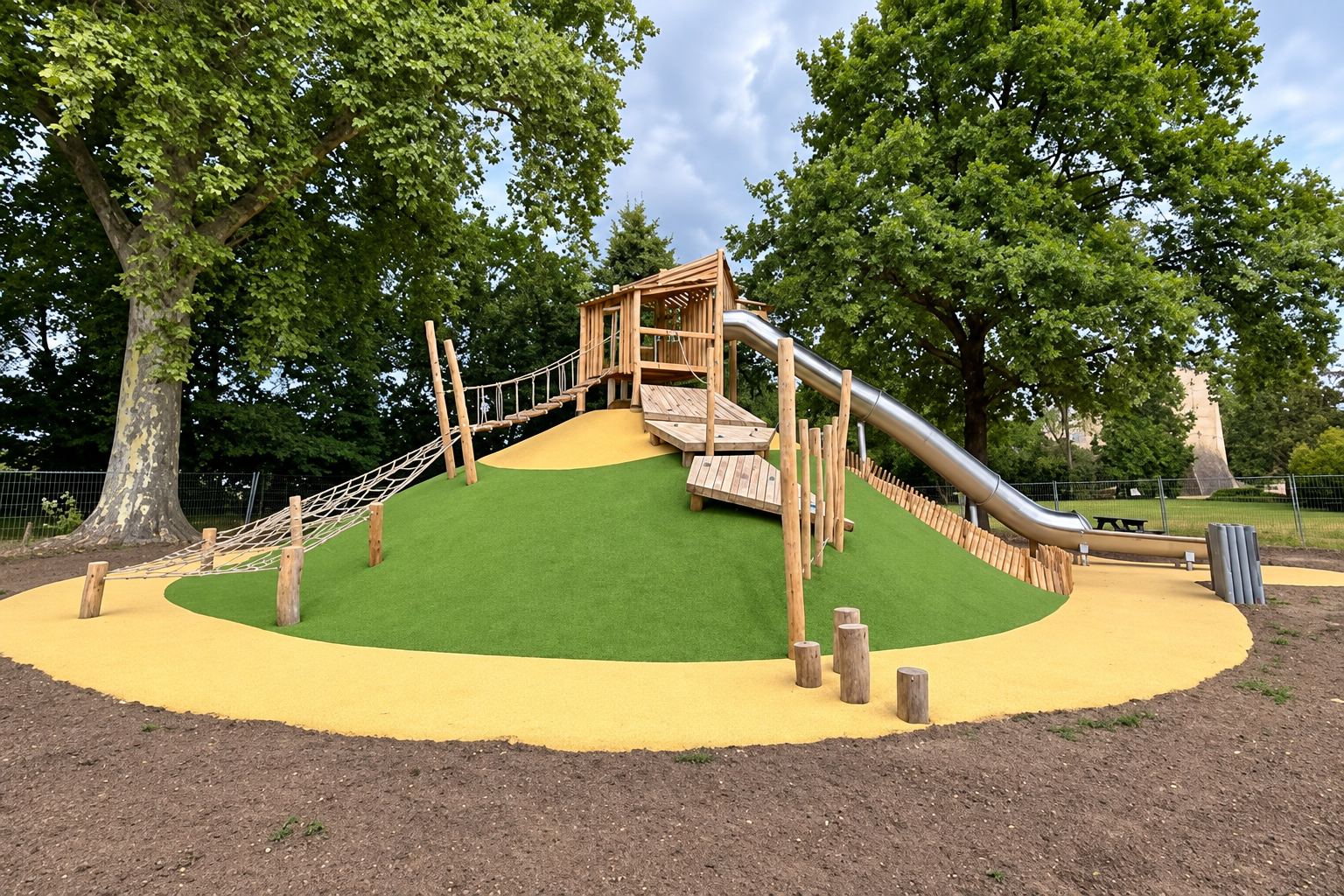 Une aire de jeux en bois construite sur une butte de gazon synthétique vert, avec une longue glissière en métal, un filet de corde et un sol jaune entouré d'arbres.