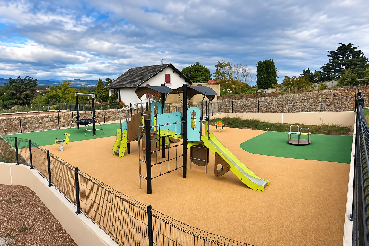 Une aire de jeux clôturée avec un toboggan vert et jaune, une balançoire et un sol souple orange et vert, devant une maison et un muret de pierre.