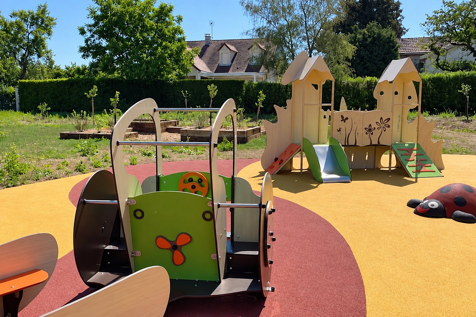Une aire de jeux pour enfants avec des structures en bois à toboggans, une coccinelle décorative et un sol souple jaune et rouge, devant un jardin et des maisons.