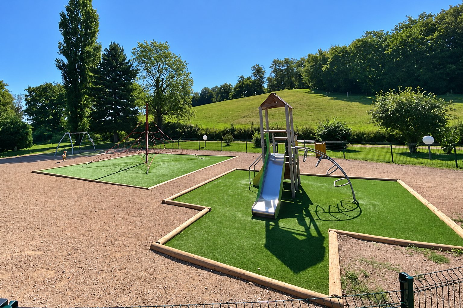 Une aire de jeux ensoleillée avec un toboggan sur du gazon synthétique entouré de gravier, au pied d'une colline verdoyante.