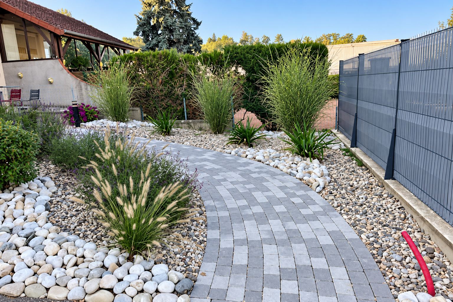 Une allée en pavés gris clair serpente dans un jardin aménagé avec des galets blancs, des graminées et une clôture grise à droite.