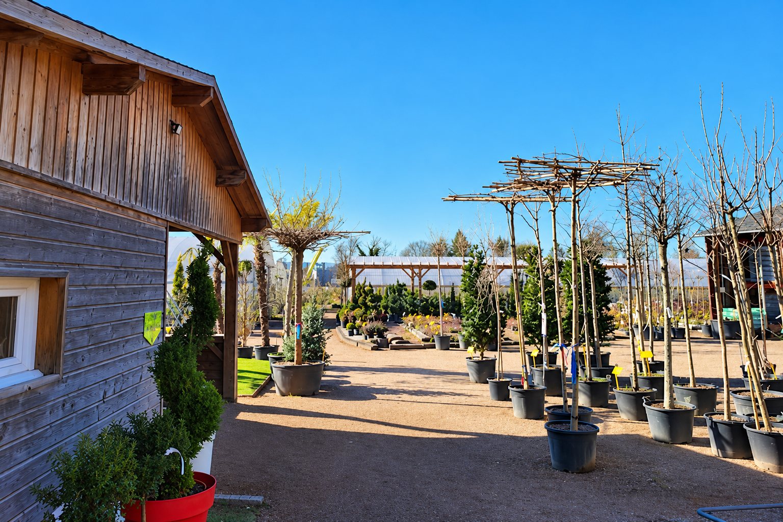 Une allée de terre dans une pépinière ensoleillée, bordée d'arbres en pots dont des platanes en forme de treille, avec un chalet en bois à gauche et une serre au fond.
