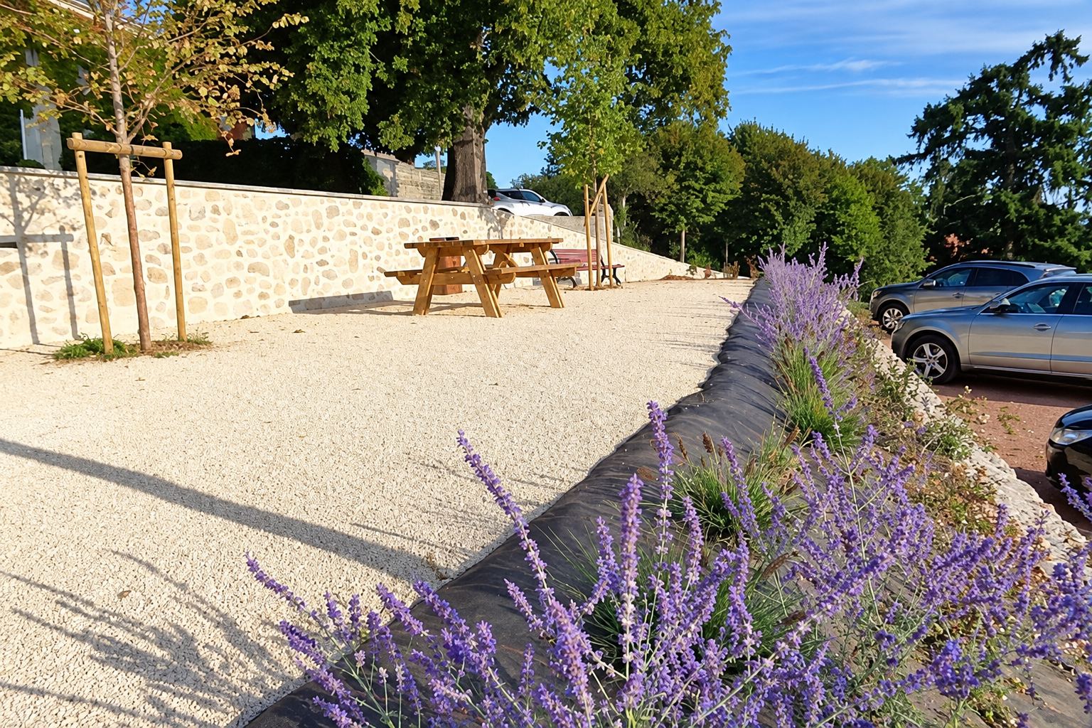 Un espace extérieur aménagé avec un sol en gravier clair, une table de pique-nique en bois, un mur en pierre et des massifs de lavande en fleurs au premier plan.