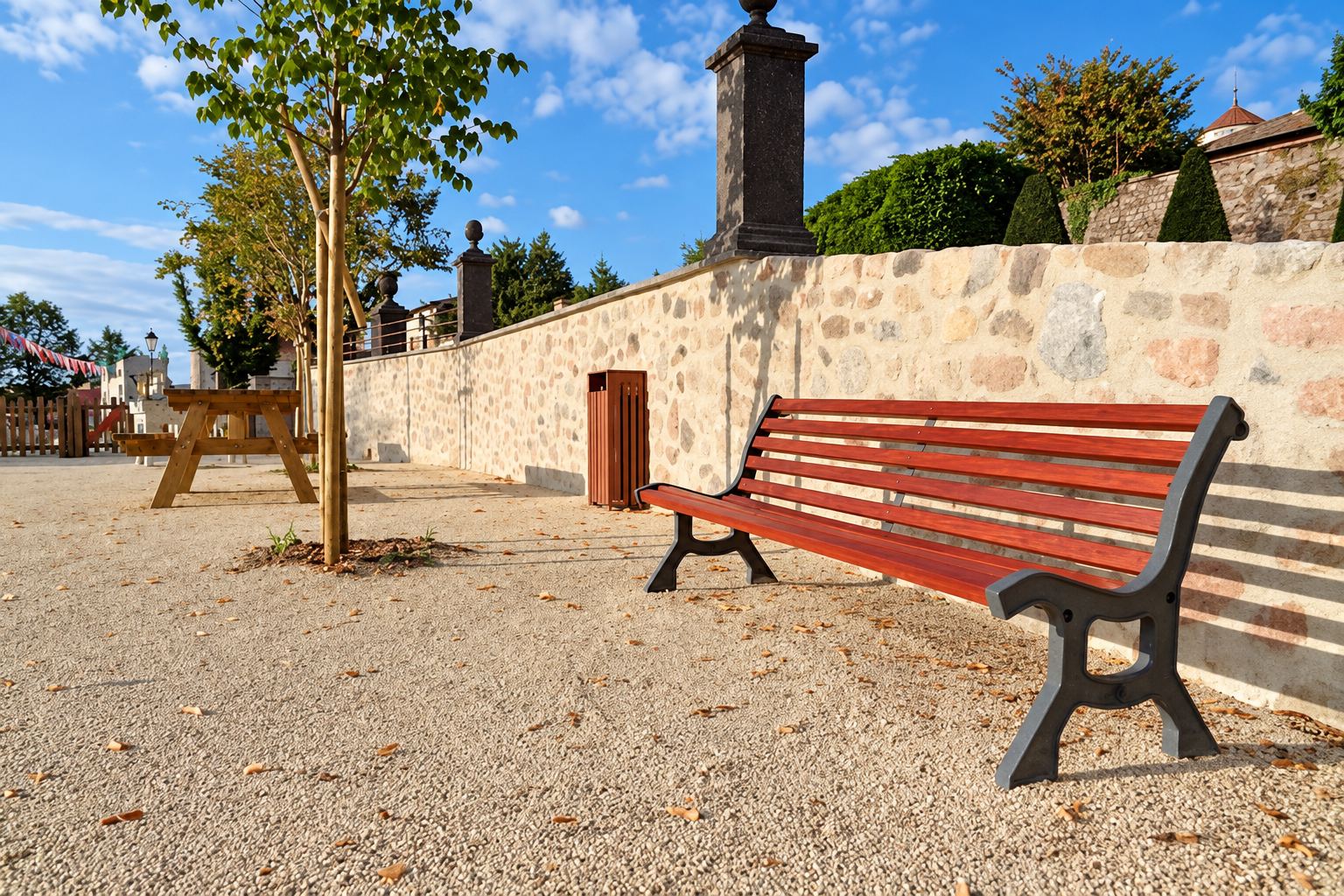 Un banc public en bois rouge à pieds en fonte est installé sur une place de gravier, devant un mur en pierre, près d'une poubelle, d'une table de pique-nique et d'un jeune arbre.
