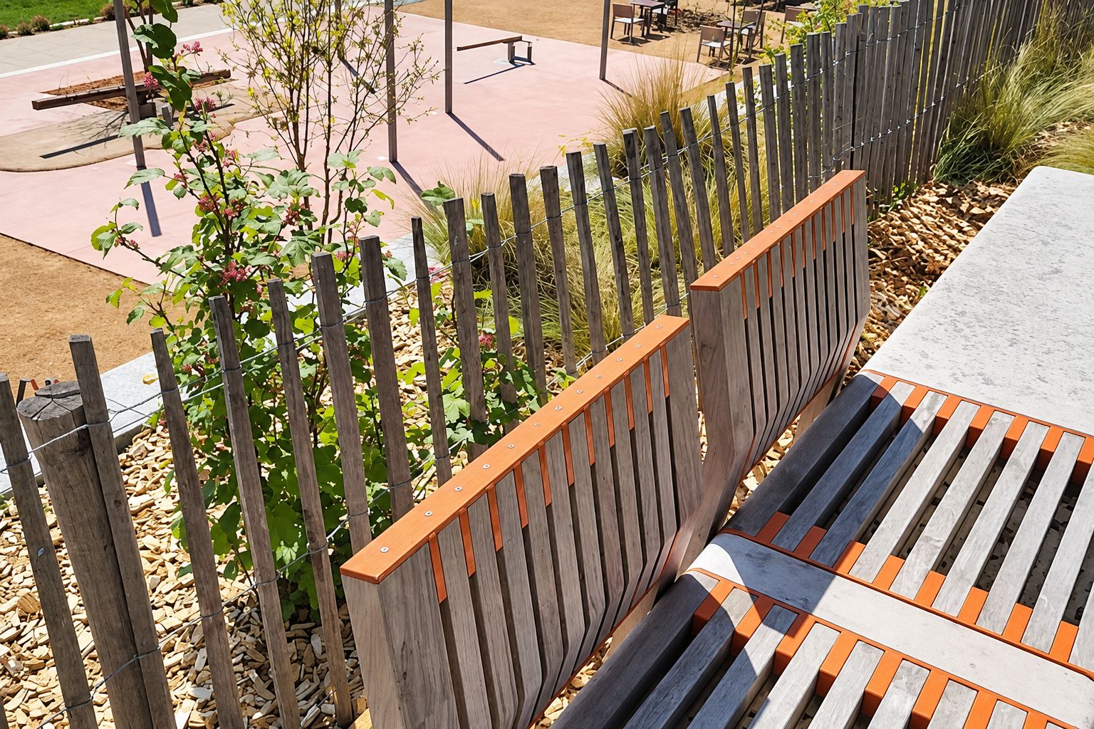 Un banc en bois à lattes orange et une clôture en bois bordent un jardin planté de graminées, à côté d'une place en béton rose.