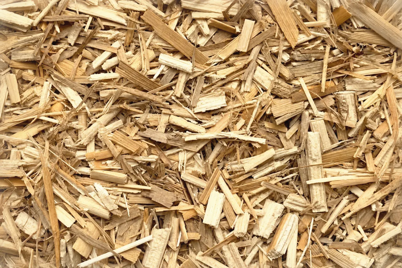 Vue rapprochée d'un tas de copeaux et éclats de bois clair de tailles variées, utilisés comme paillage.