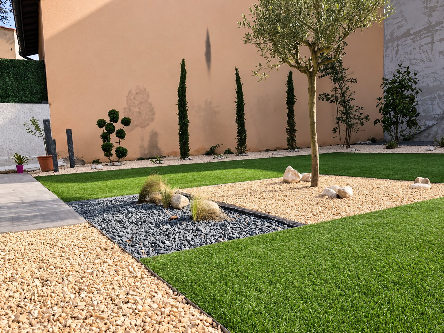 Jardin contemporain aménagé avec pelouse synthétique, massifs de graviers clairs et gris, un olivier, des cyprès et des graminées devant un mur rose.