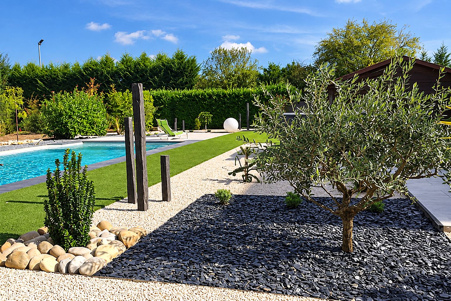 Jardin aménagé avec une piscine, un olivier, du schiste noir, des galets, des stèles sombres et une pelouse synthétique sous un ciel bleu.