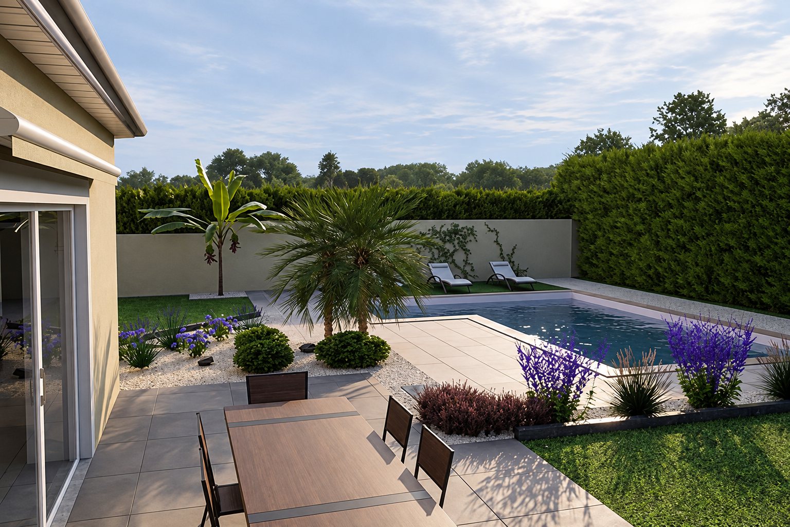 Vue d'un jardin aménagé avec une piscine, une terrasse en dalles, des palmiers, des massifs fleuris et une table avec chaises au premier plan.