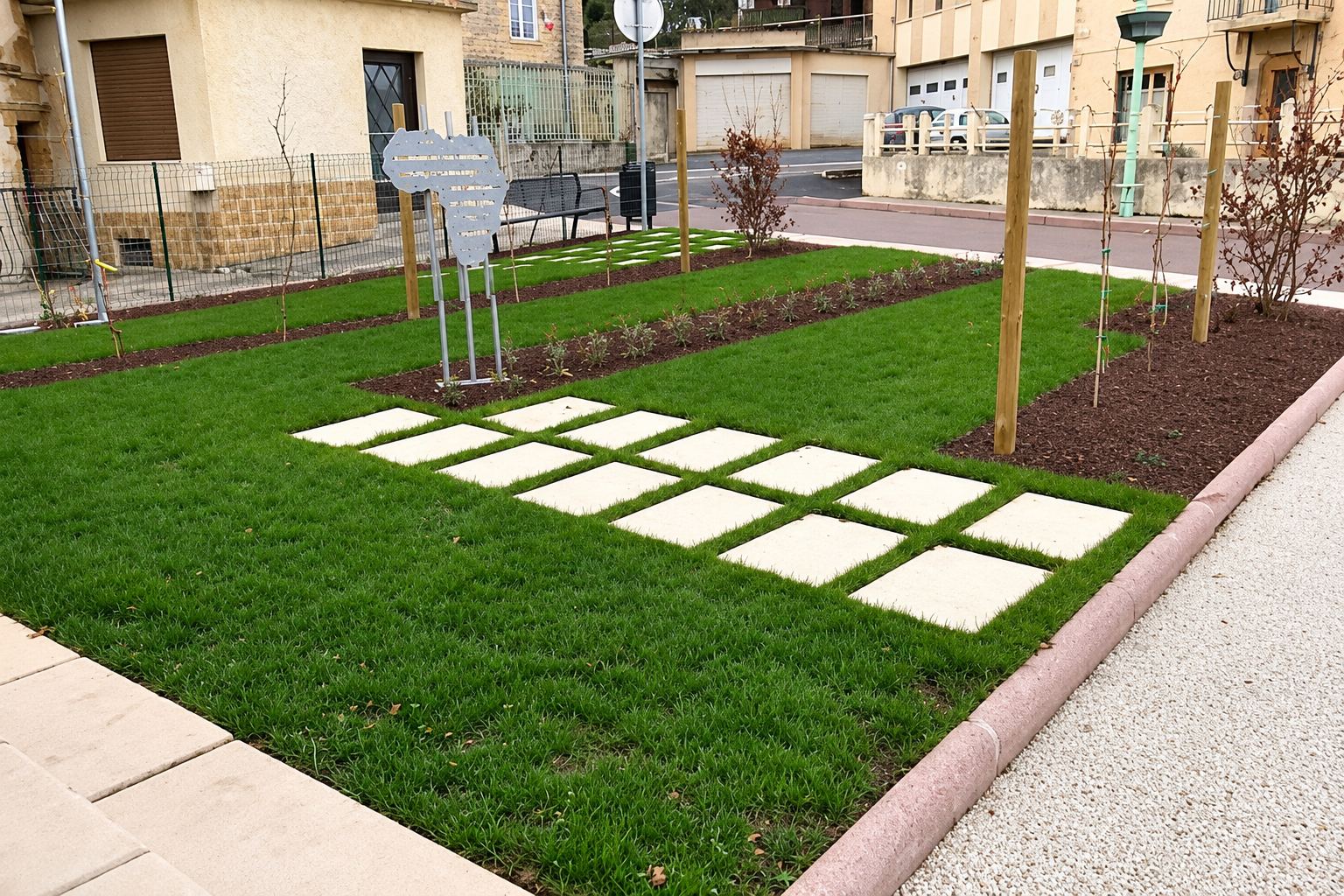 Un petit jardin public récemment aménagé avec une pelouse verte, un cheminement de dalles beige clair, des massifs paillés et de jeunes arbres le long d'une rue.