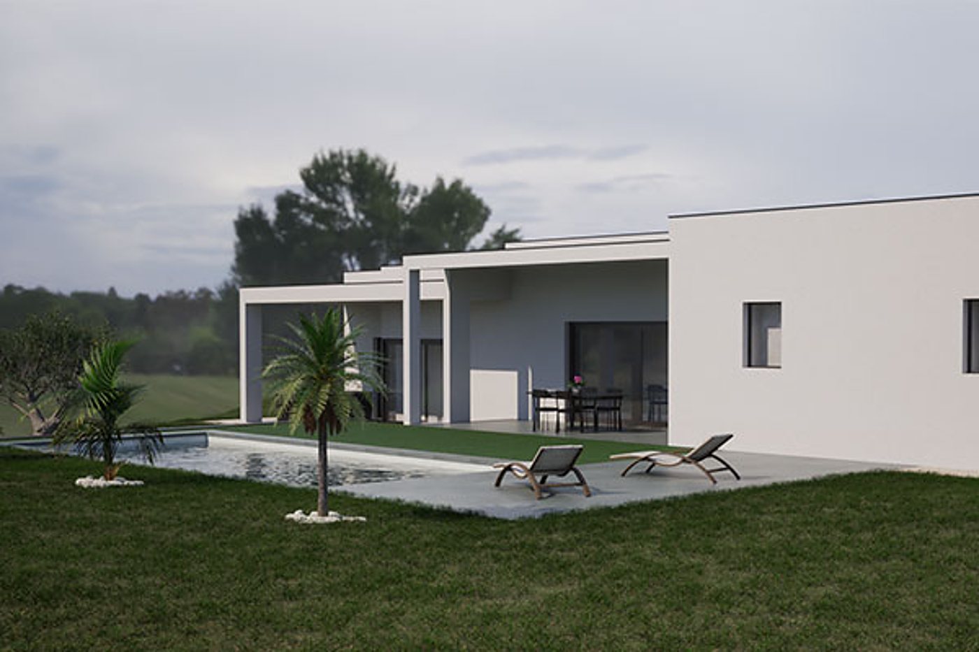 Rendu d'une maison moderne blanche de plain-pied à toit plat, avec terrasse, deux transats, piscine et palmiers sur une pelouse.