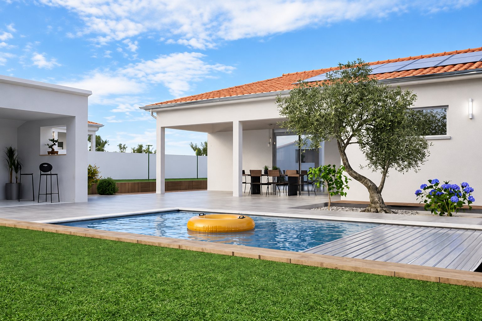 Rendu d'une maison de plain-pied au toit de tuiles avec panneaux solaires, une piscine rectangulaire dotée d'une bouée jaune, une terrasse en bois et un olivier.
