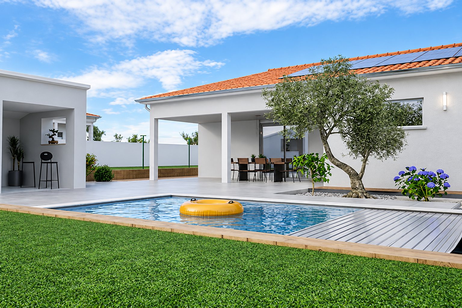 Rendu 3D d'une maison blanche à toit de tuiles avec panneaux solaires, une piscine rectangulaire avec bouée jaune, une terrasse en bois et un olivier.