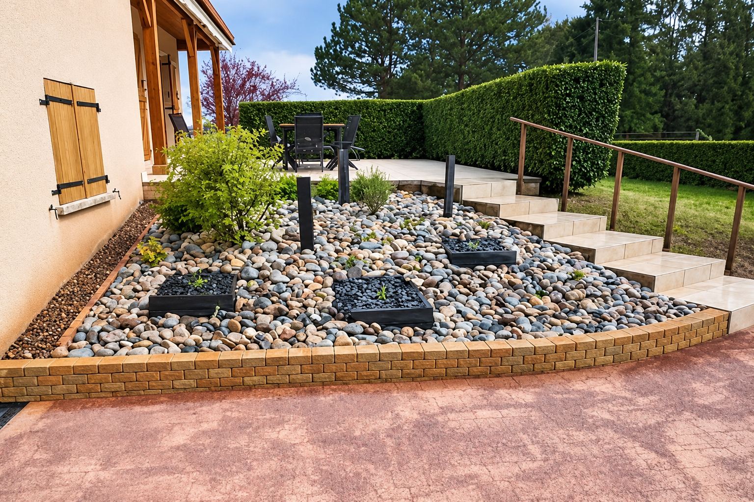 Aménagement extérieur avec un massif de galets, des bacs noirs et un muret en briques, bordant des marches menant à une terrasse.