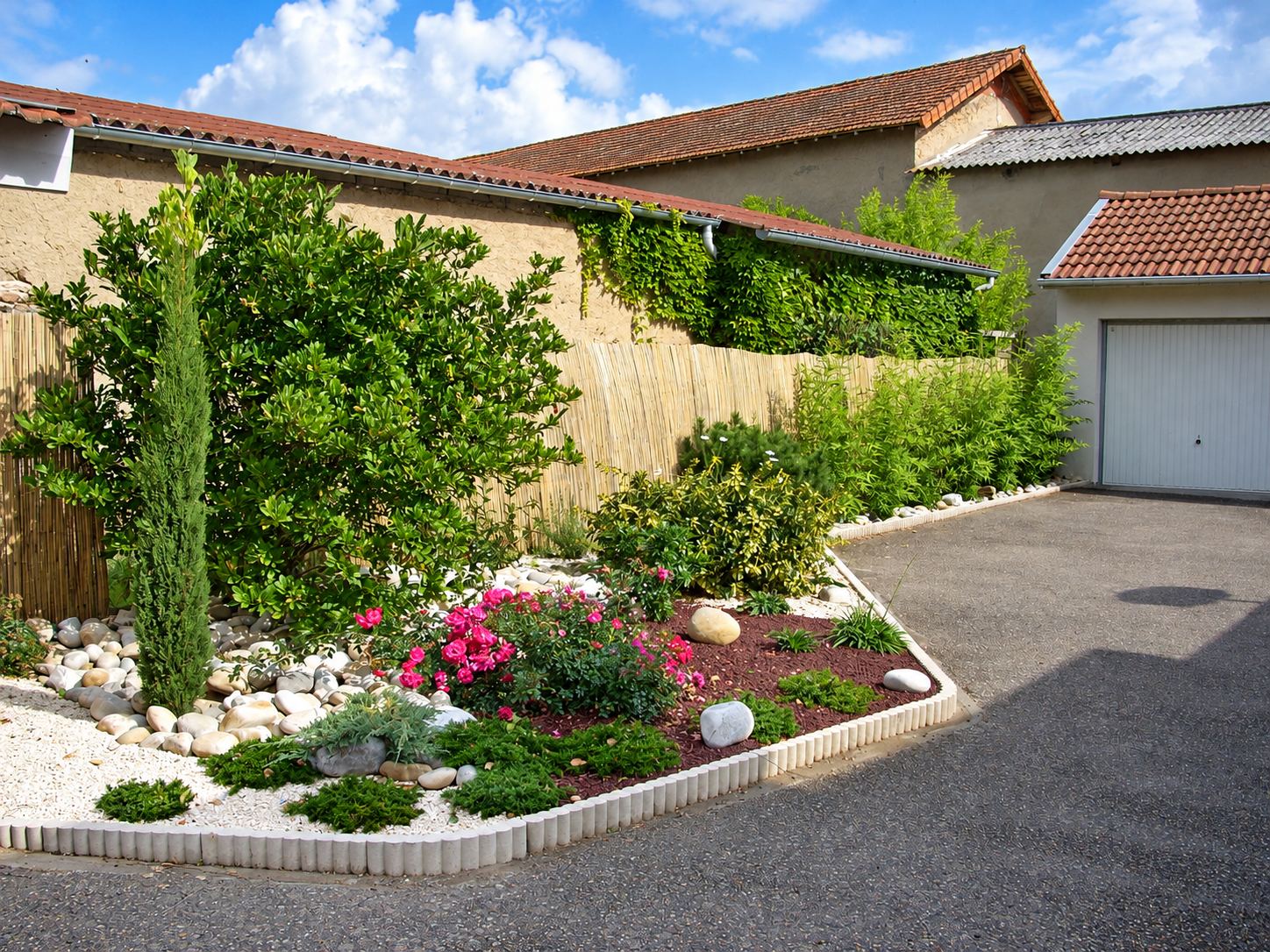 Un massif de jardin bordé de blanc, composé de rosiers roses, de galets, de paillage rouge et d'arbustes, aménagé dans une cour devant un garage.