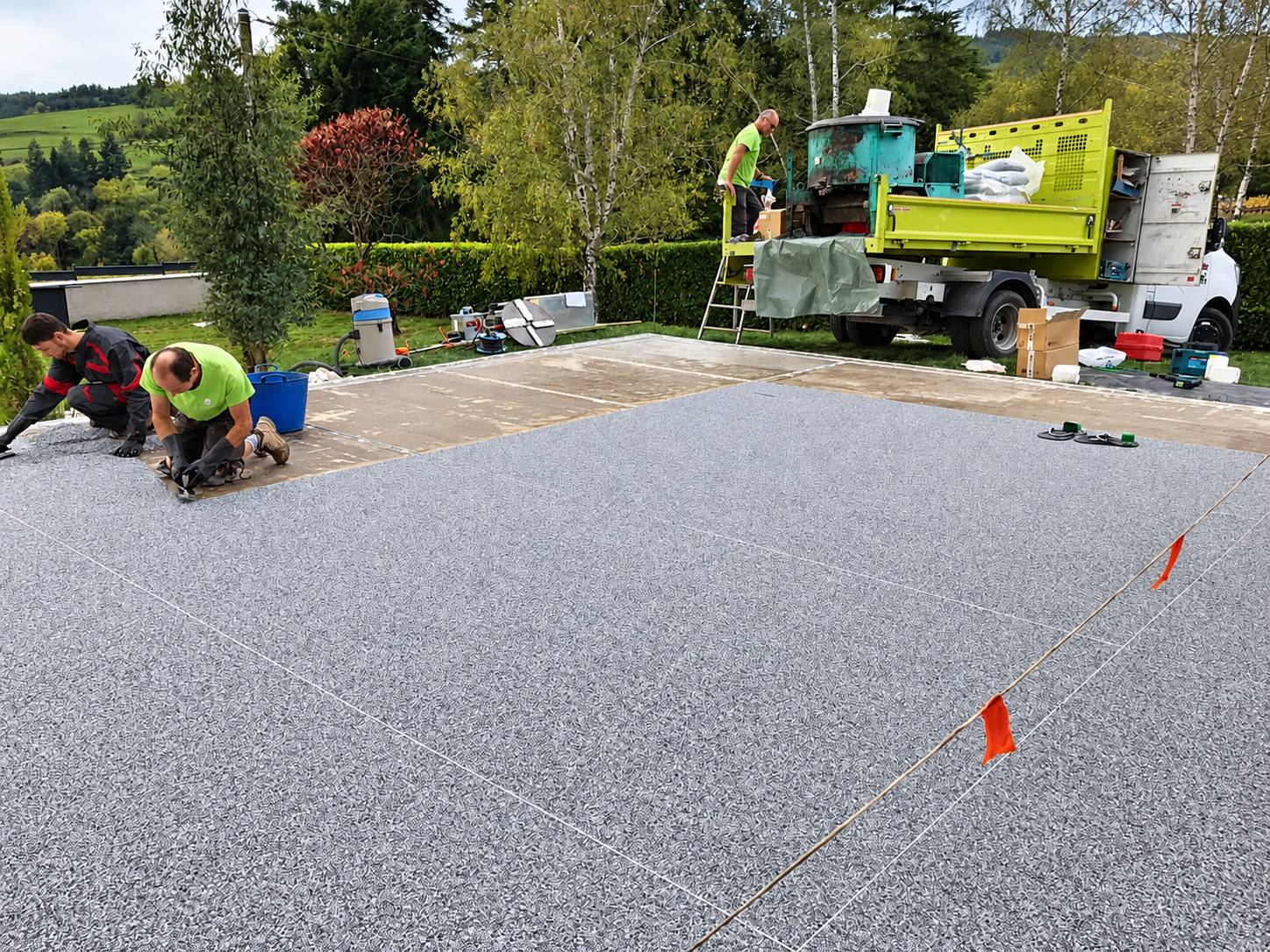 Deux ouvriers en tenue fluo lissent un sol en granulats de résine sur une grande terrasse, avec un camion benne vert et un troisième ouvrier à l'arrière-plan.