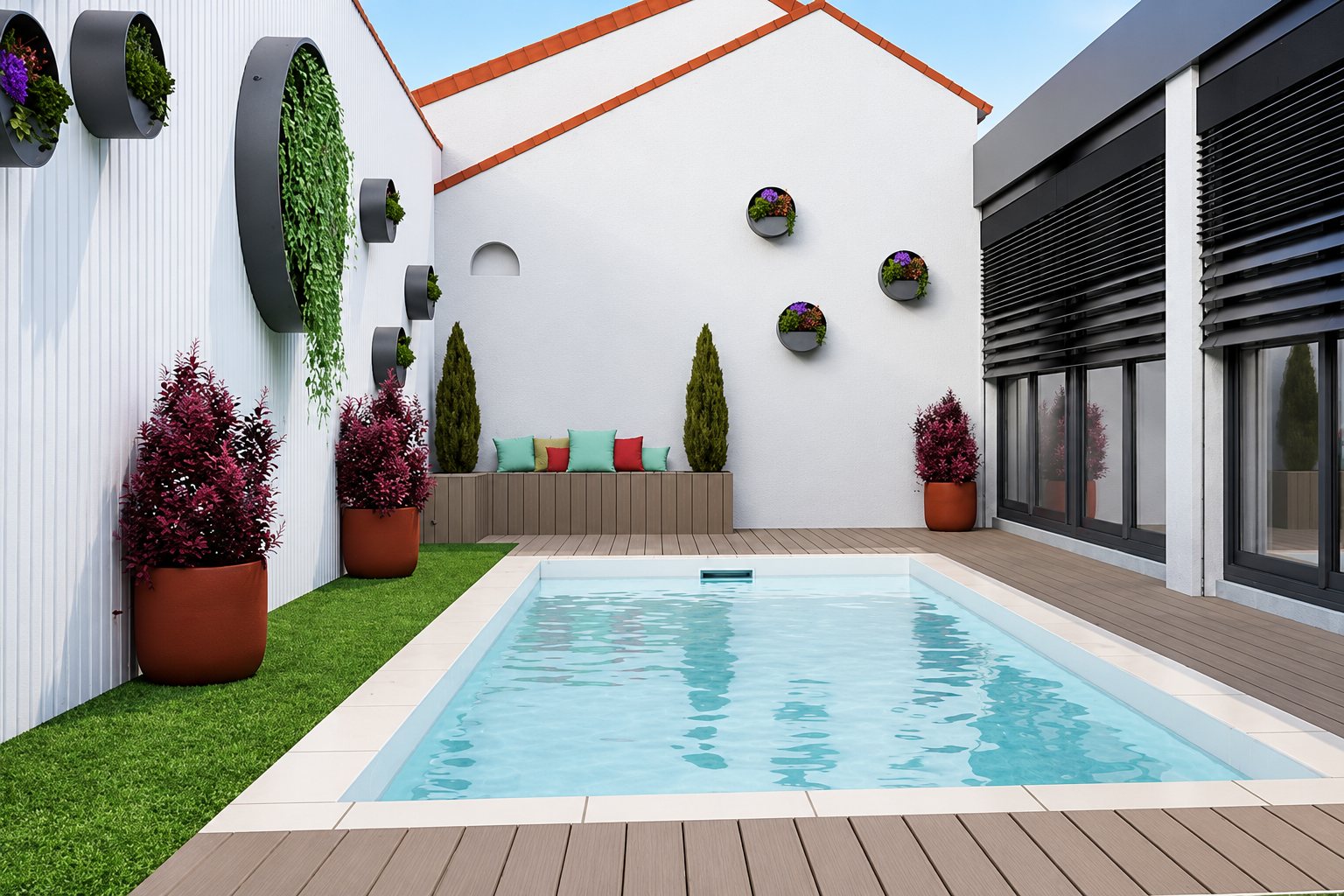 Rendu d'une petite piscine rectangulaire dans une cour blanche, entourée d'une terrasse en bois, de pelouse, de grands pots violets et de jardinières rondes fixées au mur.