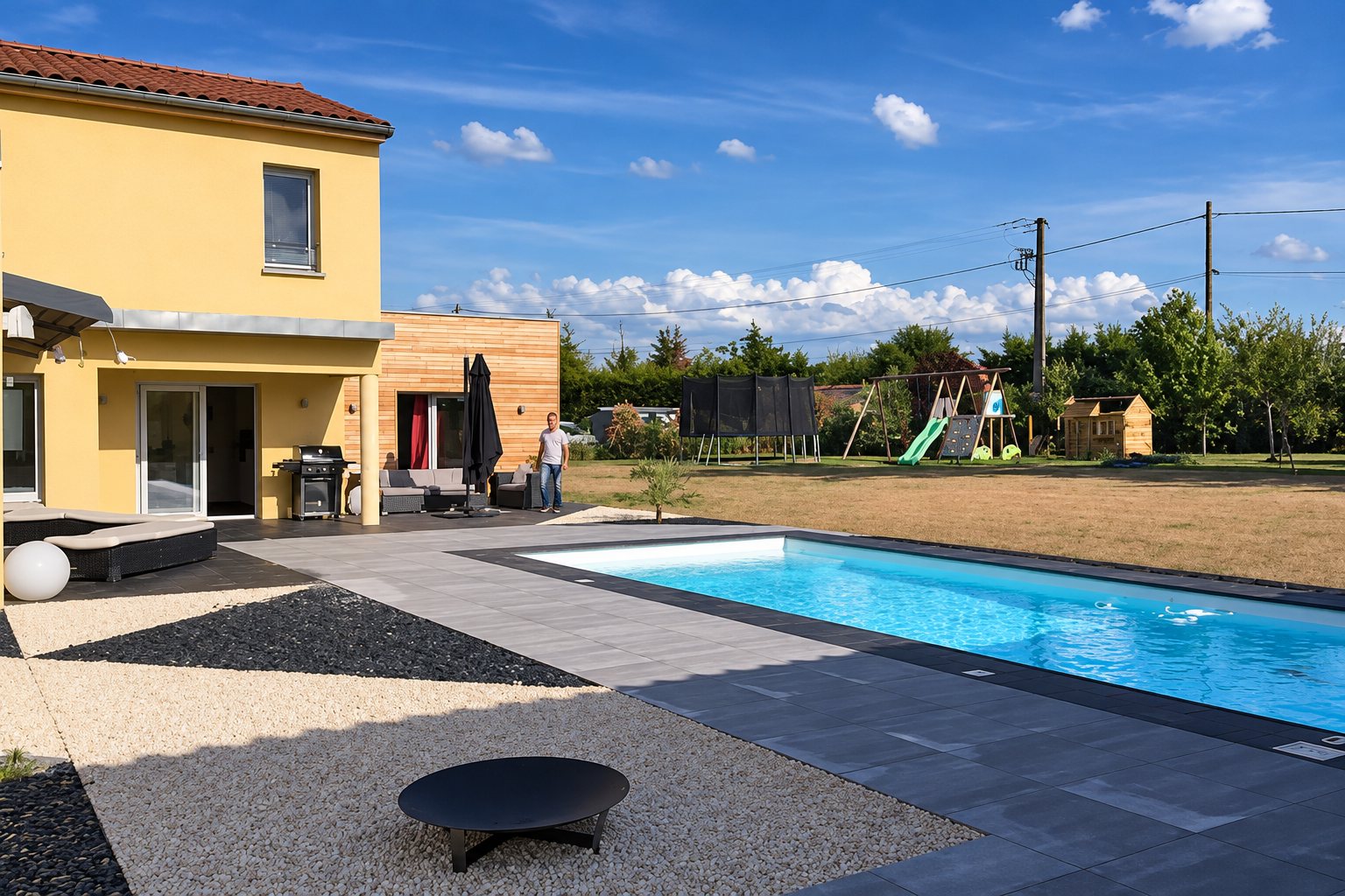 Une piscine rectangulaire à l'eau turquoise bordée de dalles grises, devant une maison jaune et un jardin avec balançoire et trampoline.