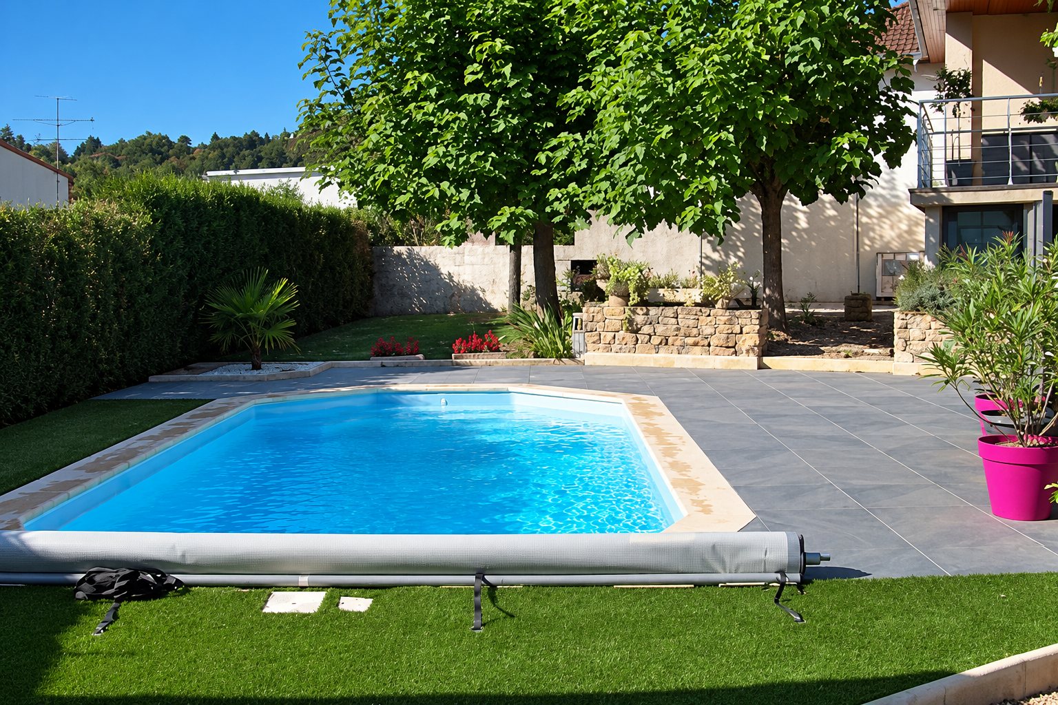 Une piscine rectangulaire à l'eau bleue avec enrouleur de bâche, entourée d'une terrasse en dalles grises, de gazon synthétique et de pots roses, devant une maison.