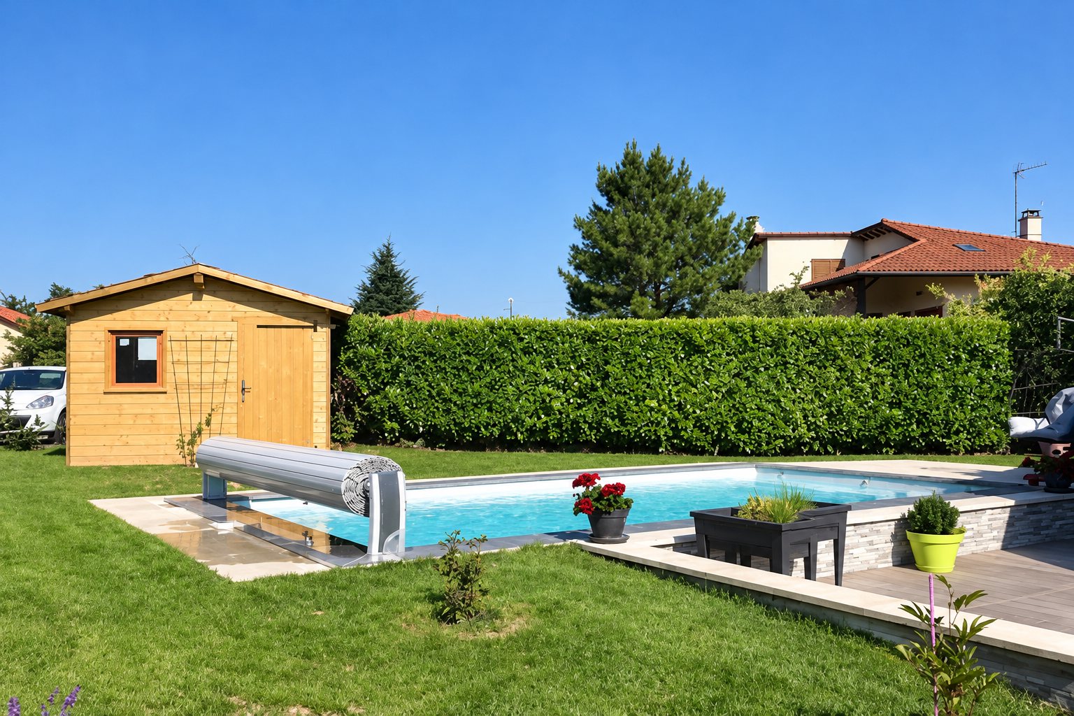 Une piscine rectangulaire équipée d'un volet roulant gris au milieu d'un jardin engazonné, avec un abri de jardin en bois et une haie de laurier en arrière-plan.