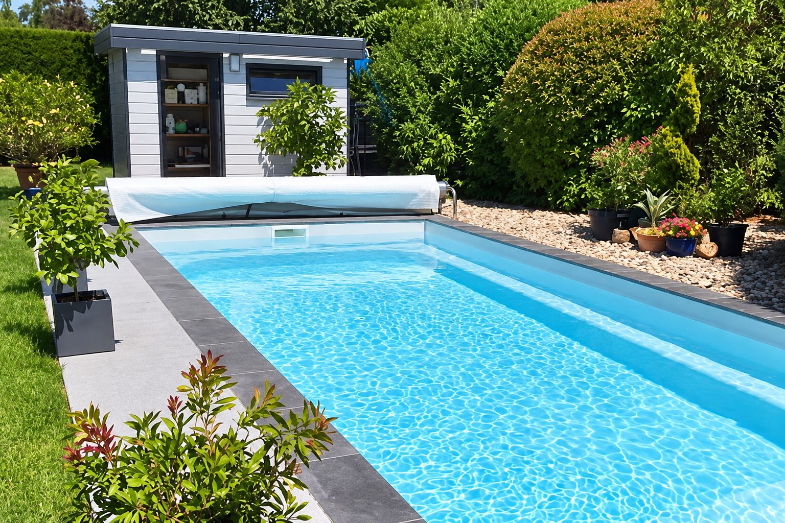 Piscine rectangulaire à l'eau turquoise entourée de margelles grises, d'un jardin fleuri et d'un abri gris au fond, avec le volet de couverture enroulé.
