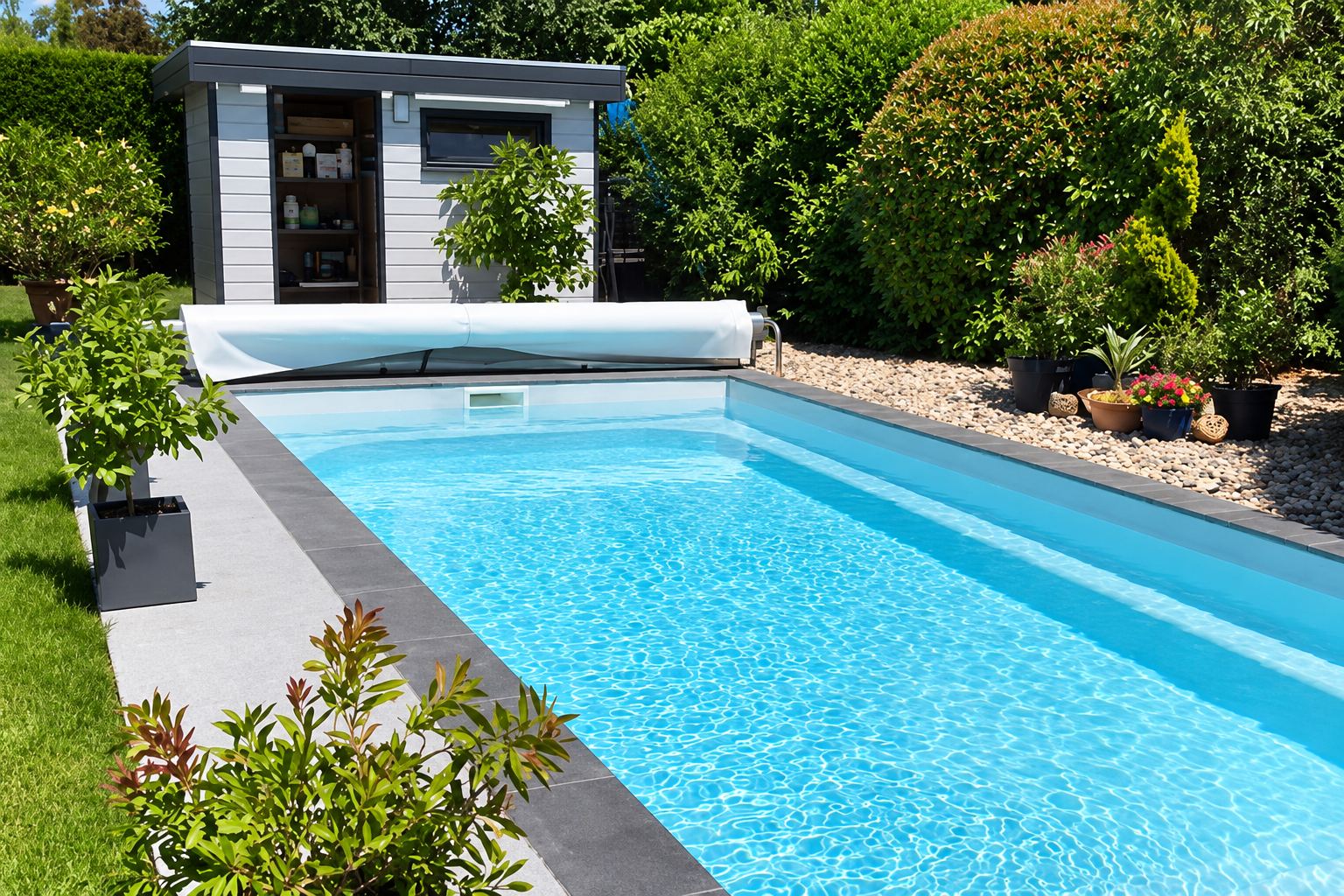 Une piscine rectangulaire à l'eau turquoise, bordée de margelles grises et d'un jardin soigné, avec un volet roulant replié et un abri de jardin gris au fond.
