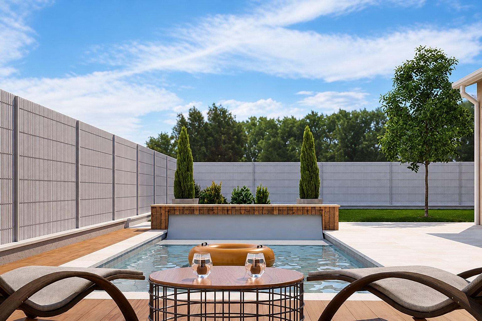 Rendu 3D d'une piscine rectangulaire entourée d'une terrasse en bois avec deux transats, une table basse et une haute clôture grise.