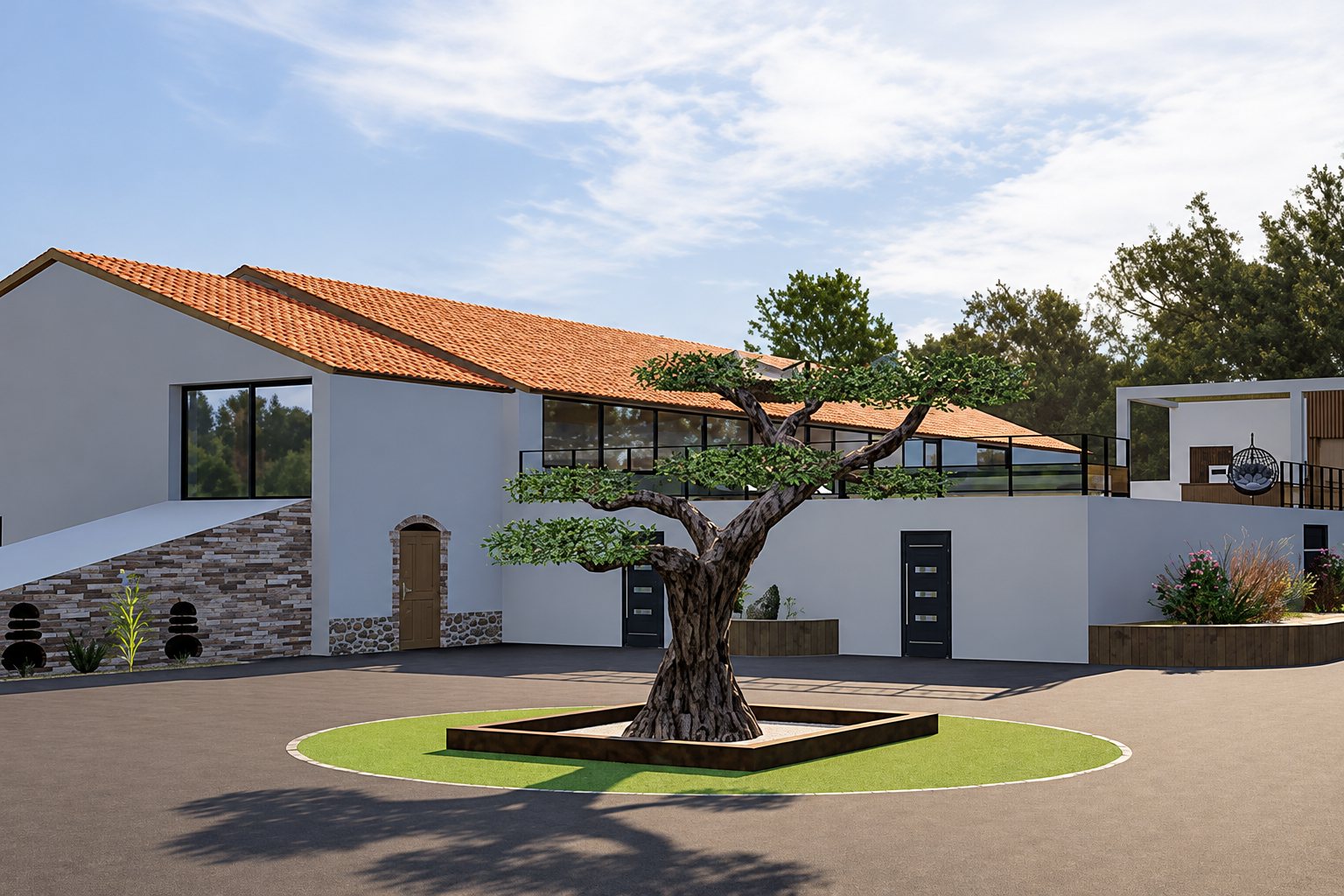 Image de synthèse d'une maison à toit de tuiles orangées et façade claire, avec un grand olivier planté au centre d'une cour circulaire engazonnée.