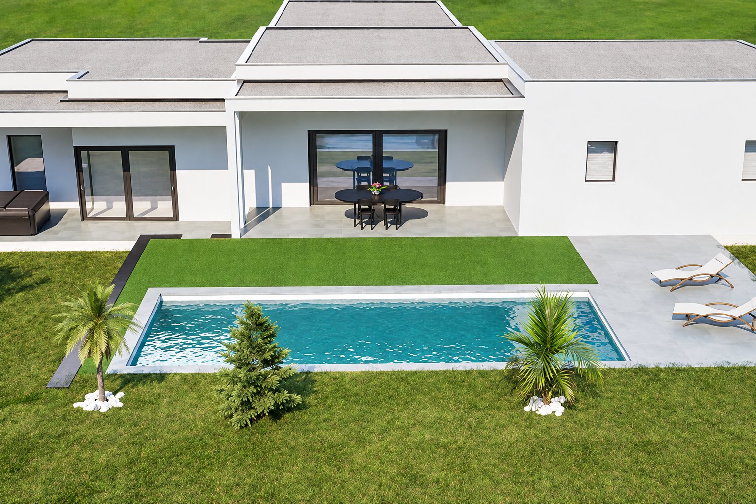 Image de synthèse d'une villa moderne à toit plat avec terrasse couverte, table et chaises, pelouse, piscine rectangulaire et deux bains de soleil.