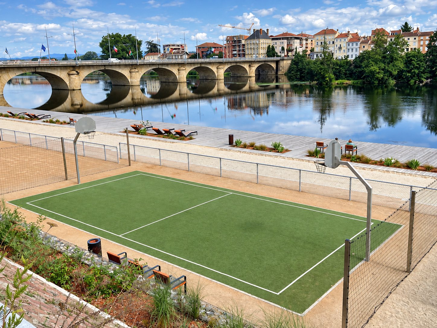 Un terrain de basket en gazon synthétique vert entouré de grillages, aménagé au bord d'une rivière face à un pont en pierre et à des maisons.