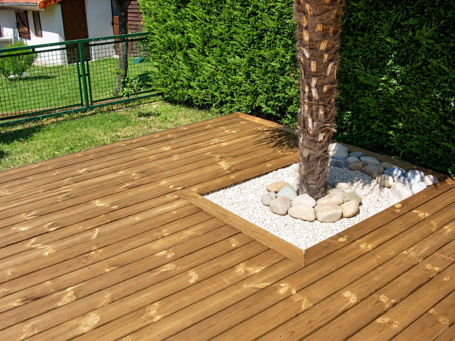 Terrasse en lames de bois ceinturant un palmier planté dans un carré de graviers blancs et de galets, devant une haie et un grillage vert.