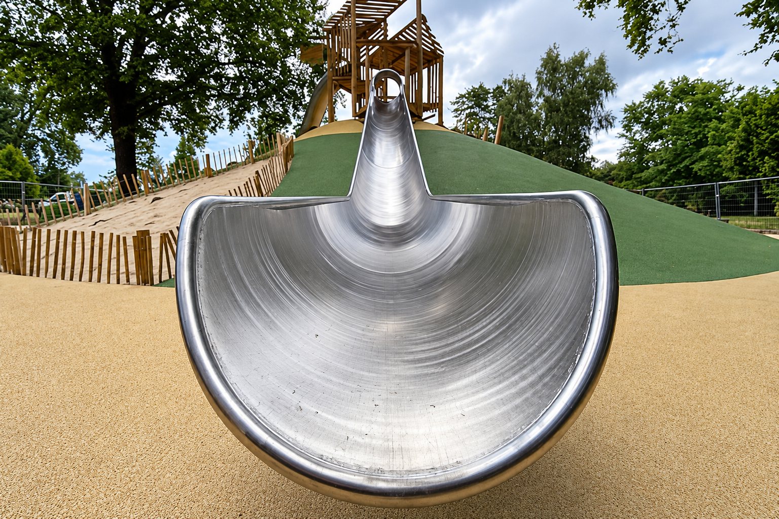 Un toboggan en acier inoxydable brillant descend une butte recouverte de sol souple vert, avec une structure de jeux en bois et des arbres en arrière-plan.